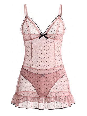80er Mesh-Babydoll mit Punkten, Schleife und Rüschen