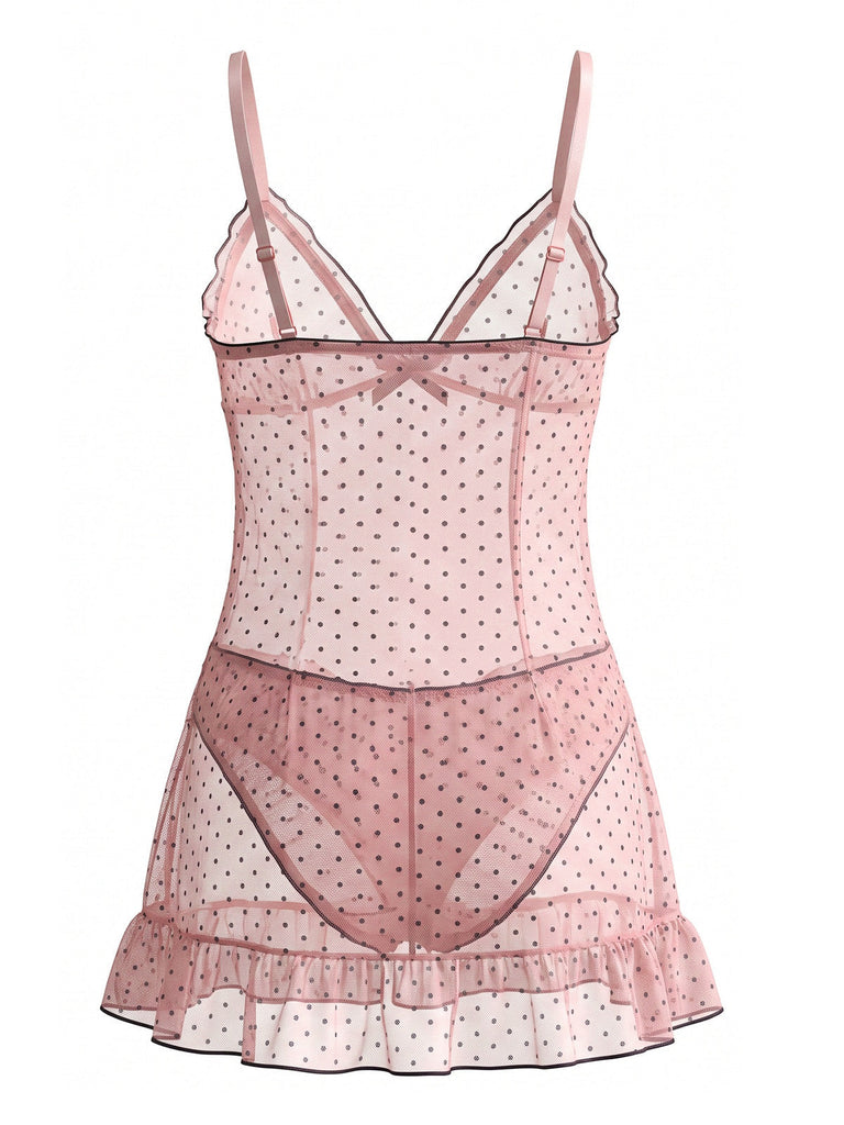 80er Mesh-Babydoll mit Punkten, Schleife und Rüschen