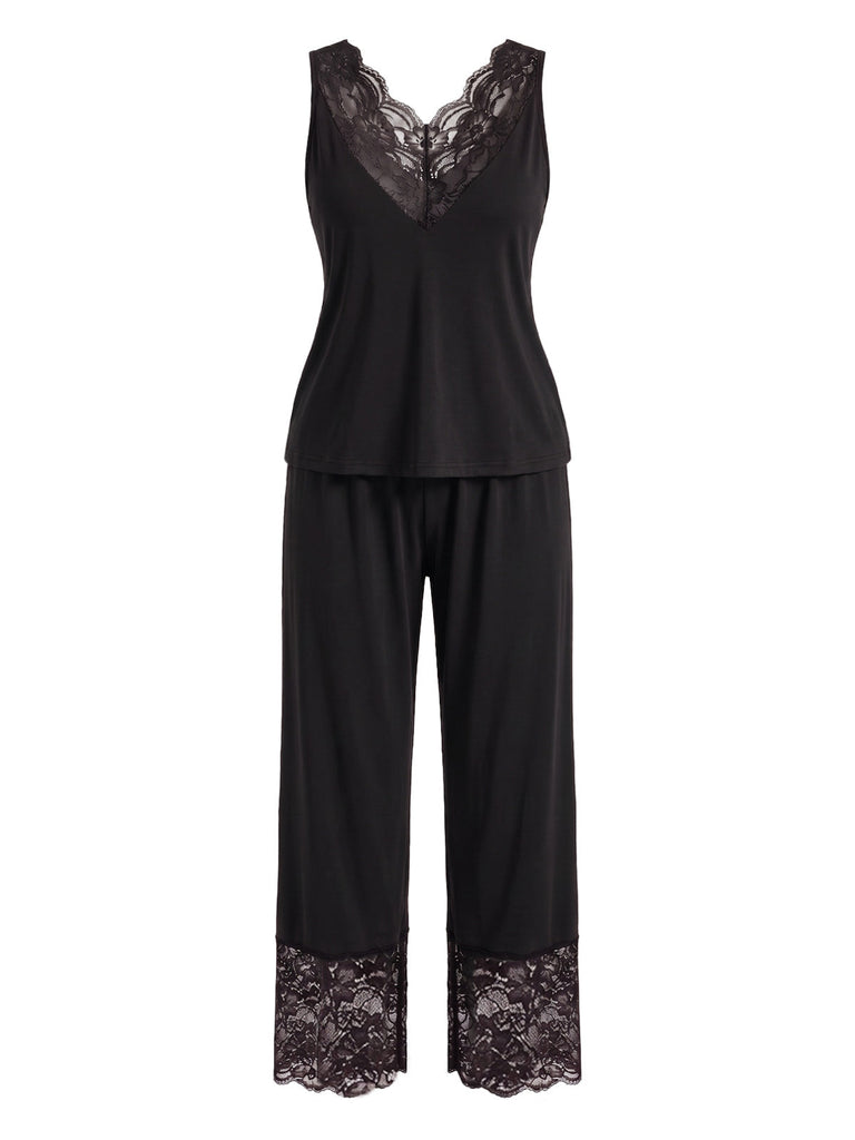 [Übergröße] 40er Pyjamaset aus ärmellosem Top & Hose mit Spitzenbesatz