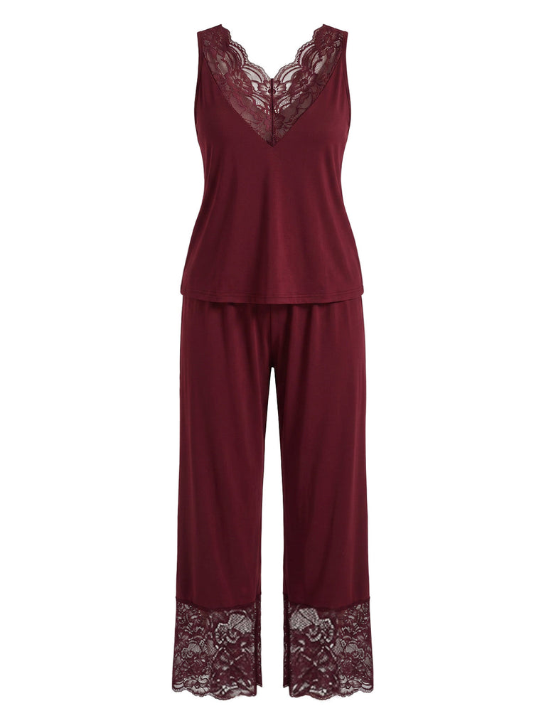 [Übergröße] 40er Pyjamaset aus ärmellosem Top & Hose mit Spitzenbesatz