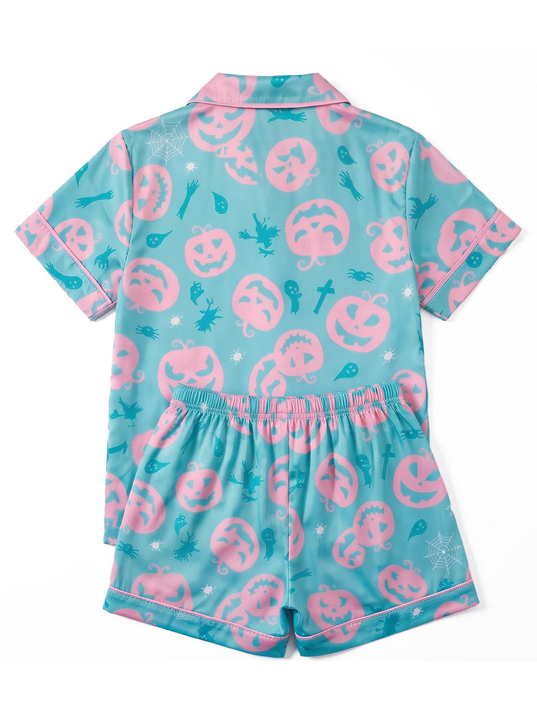 70er Halloween Schlafanzug-Set mit Kürbis- und Geisterprint