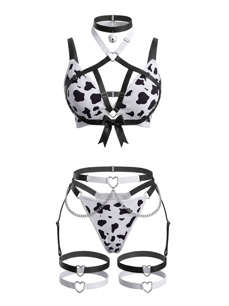 Schwarz-weißes 80er Dessous-Set mit Kuhprint und Kreuzträgern