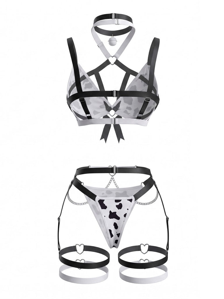 Schwarz-weißes 80er Dessous-Set mit Kuhprint und Kreuzträgern