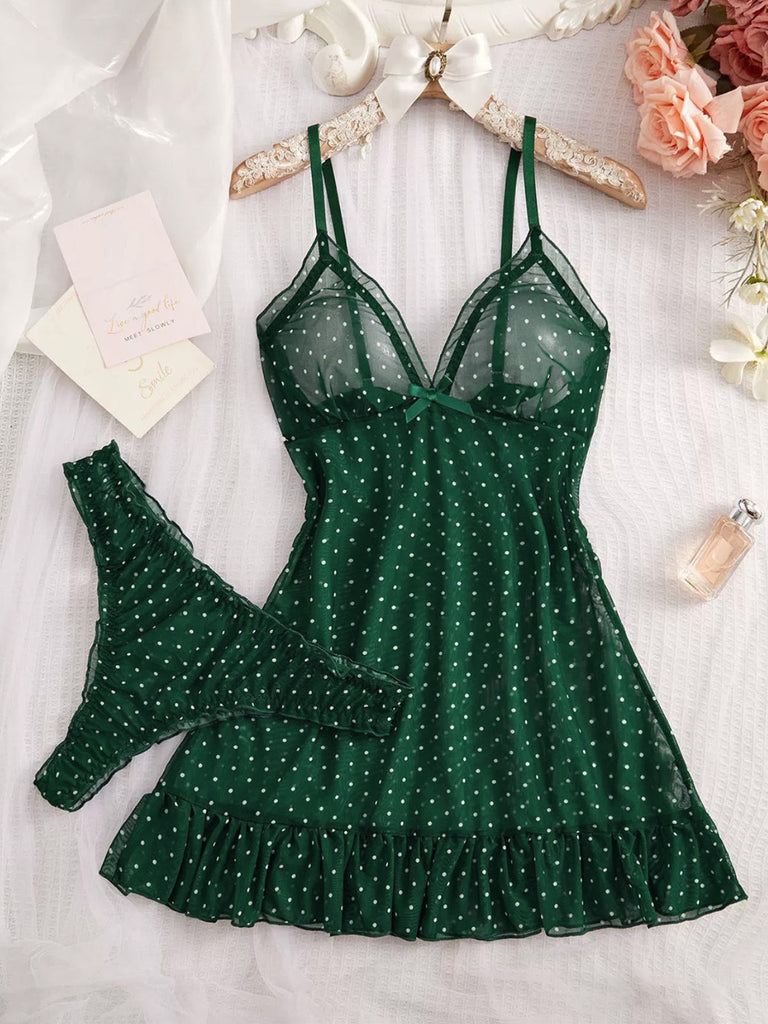 50er Babydoll-Nachtkleid-Set aus transparentem Mesh mit Polka-Dots und Rüschensaum