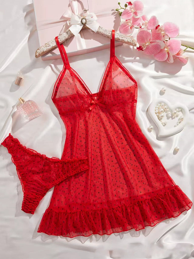 50er Babydoll-Nachtkleid-Set aus transparentem Mesh mit Polka-Dots und Rüschensaum