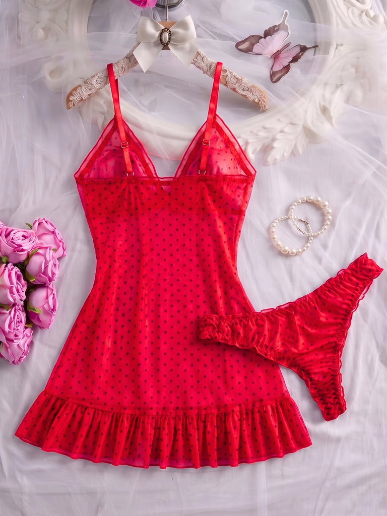 50er Babydoll-Nachtkleid-Set aus transparentem Mesh mit Polka-Dots und Rüschensaum