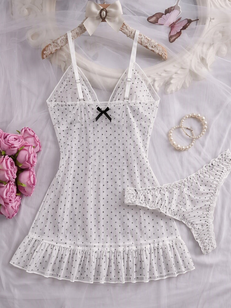 50er Babydoll-Nachtkleid-Set aus transparentem Mesh mit Polka-Dots und Rüschensaum
