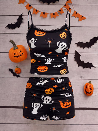Halloween-Schlafanzug-Set mit Kürbis- und Geister-Print