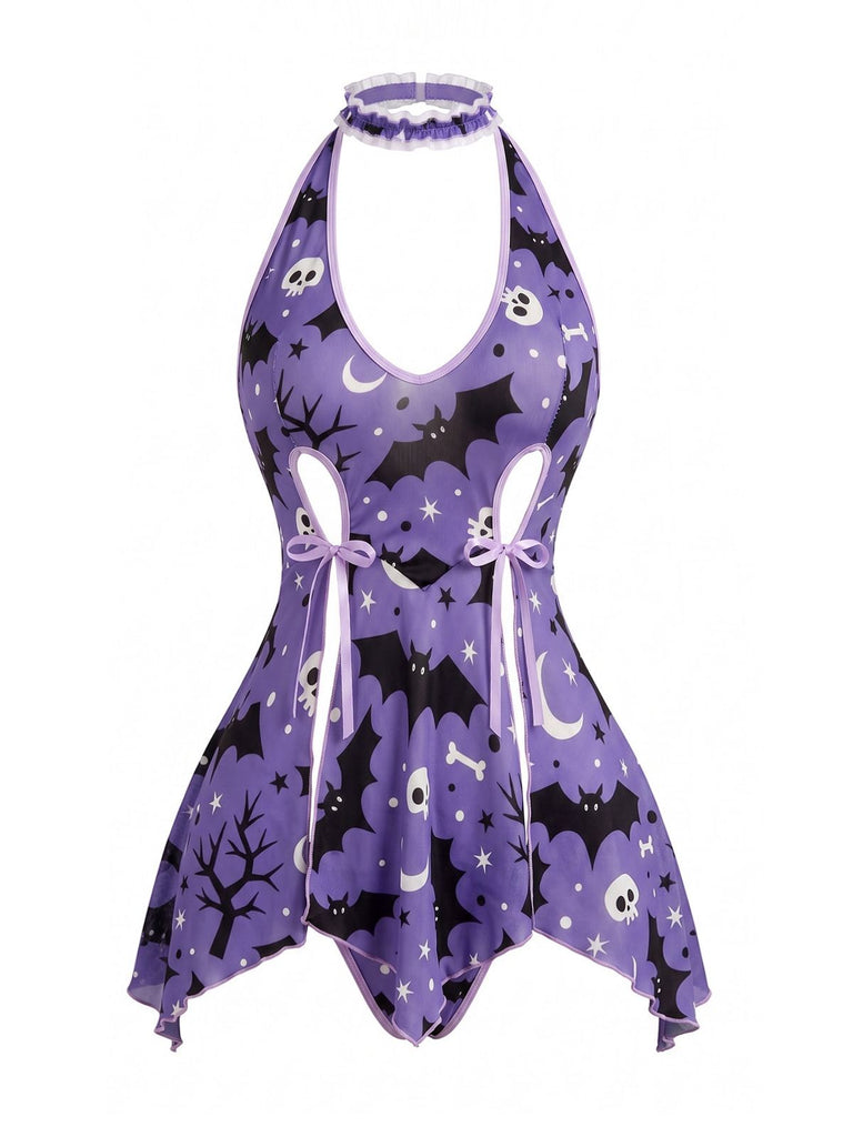 Lila 60er Halloween Neckholder-Nachtkleid mit Fledermaus-Print