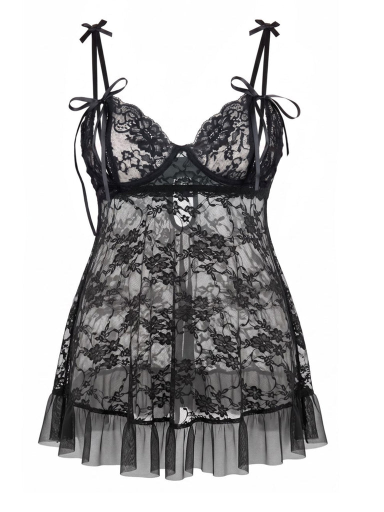 [Übergröße] Schwarzes 50er Spitzen-Babydoll mit Schleifenträgern