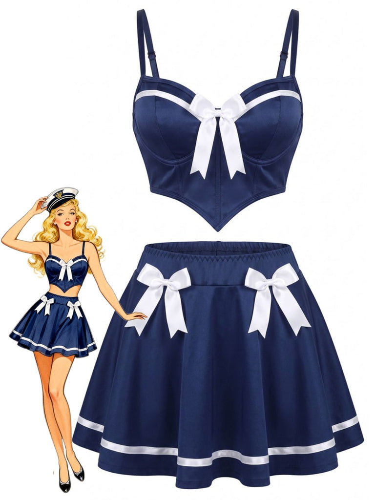 50er Pyjama-Set aus Spaghettiträgertop und Rock mit Colorblocking und Schleifen