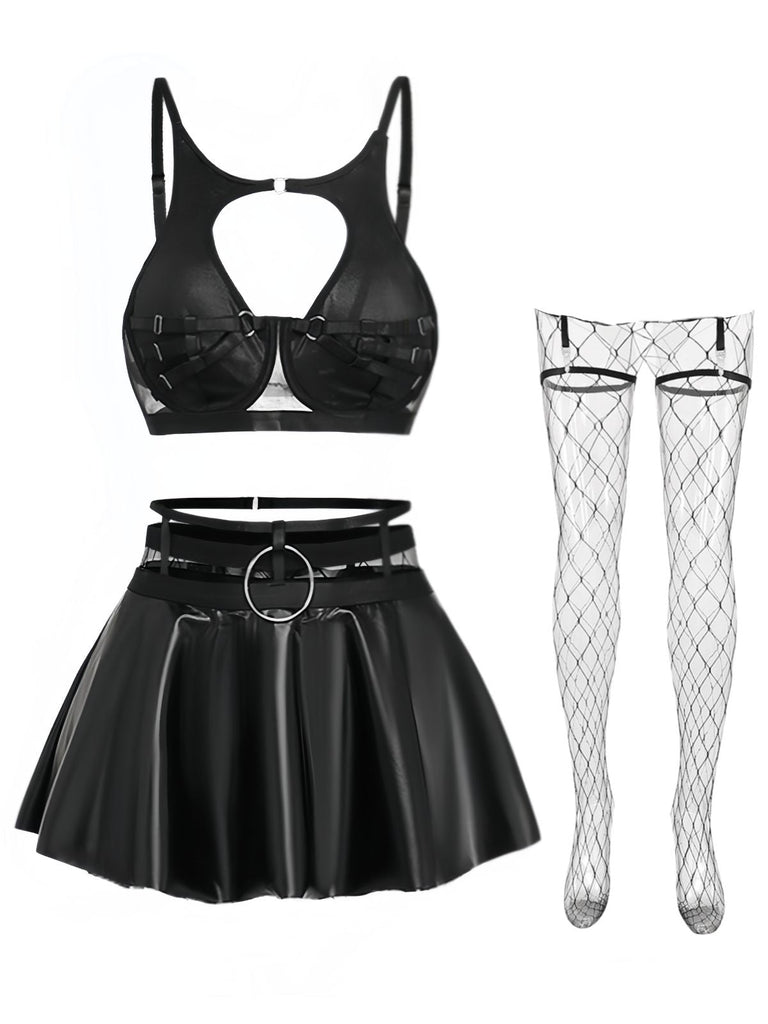 Schwarzes 50er Dessous-Set mit Cut-outs und Riemchendetails