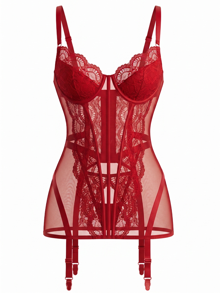 50er Dessous-Set mit transparenter Spitze und Strumpfhalter-Chemise