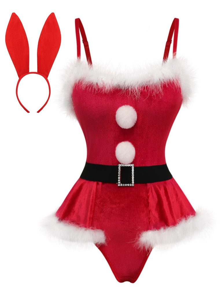 Roter 60er Weihnachts-Dessousbody aus Samt mit Kunstfellbesatz