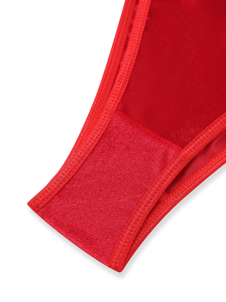 Roter 60er Weihnachts-Dessousbody aus Samt mit Kunstfellbesatz