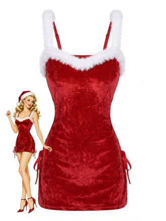 Rotes 60er Samt-Nachtkleid-Set mit flauschigem Besatz und seitlicher Schnürung