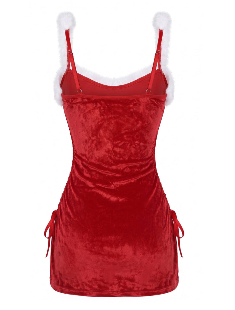 Rotes 60er Samt-Nachtkleid-Set mit flauschigem Besatz und seitlicher Schnürung