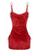 Rotes 60er Samt-Nachtkleid-Set mit flauschigem Besatz und seitlicher Schnürung