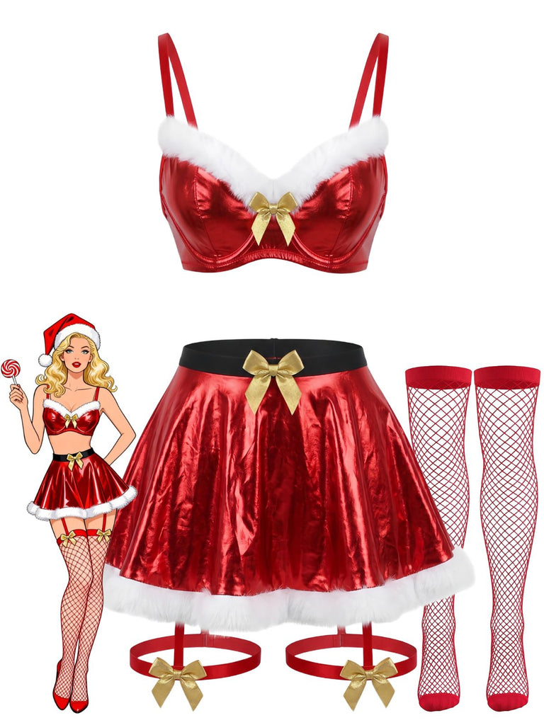 Rotes 50er Metallic-Weihnachtsdessous-Set mit Fellbesatz und Schleifen