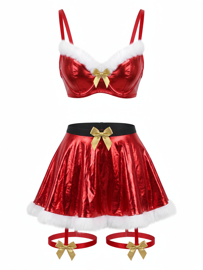 Rotes 50er Metallic-Weihnachtsdessous-Set mit Fellbesatz und Schleifen