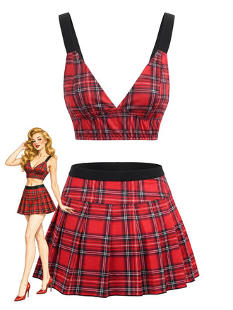 Rotes kariertes 60er Pyjama-Set aus Top mit tiefem V-Ausschnitt und Faltenrock