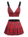 Rotes kariertes 60er Pyjama-Set aus Top mit tiefem V-Ausschnitt und Faltenrock