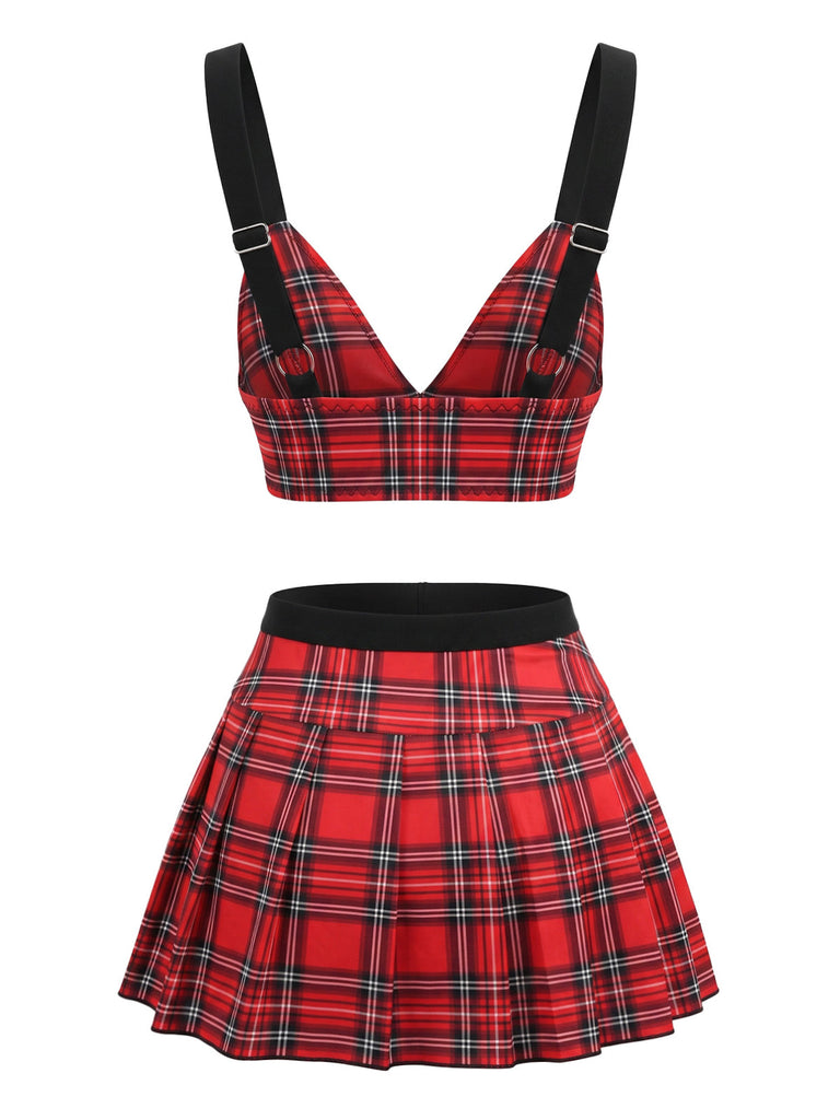 Rotes kariertes 60er Pyjama-Set aus Top mit tiefem V-Ausschnitt und Faltenrock