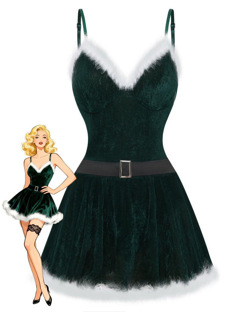 50er Weihnachts-Samtnachtkleid mit Spaghettiträgern, Flauschbesatz und Gürtel