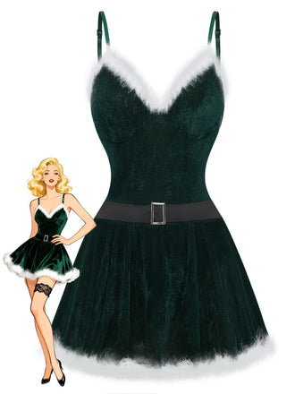 50er Weihnachts-Samtnachtkleid mit Spaghettiträgern, Flauschbesatz und Gürtel