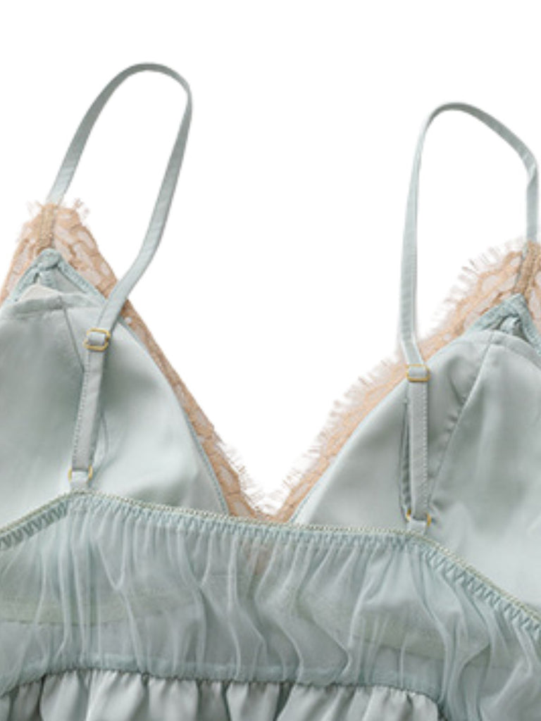 50er Satin-Nachthemd mit V-Ausschnitt und Spitze
