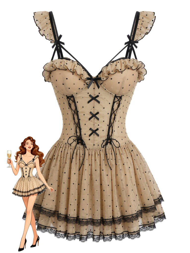 Khaki 50er Babydoll-Nachtkleid mit Polka-Dots und Spaghettiträgern