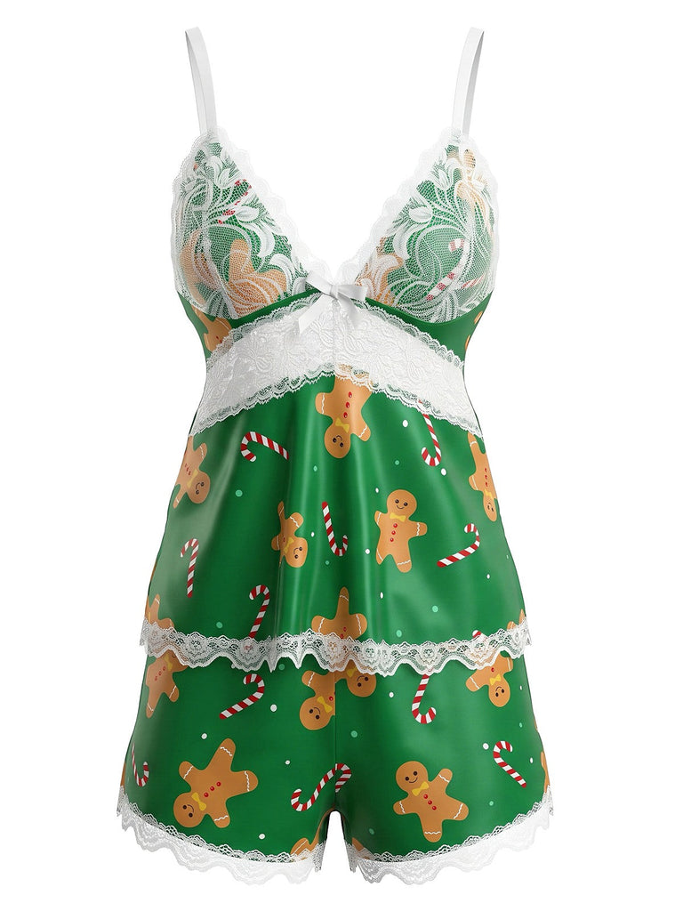 50er Shorty-Pyjama mit Weihnachts-Print, Spaghettiträgern und Spitzenbesatz