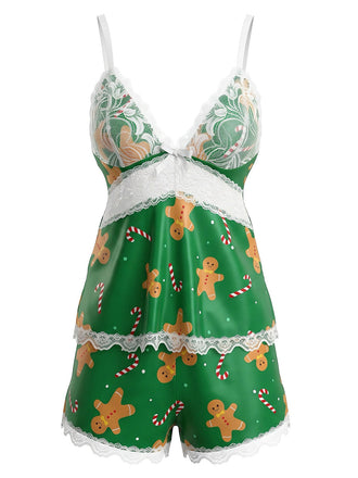 50er Shorty-Pyjama mit Weihnachts-Print, Spaghettiträgern und Spitzenbesatz