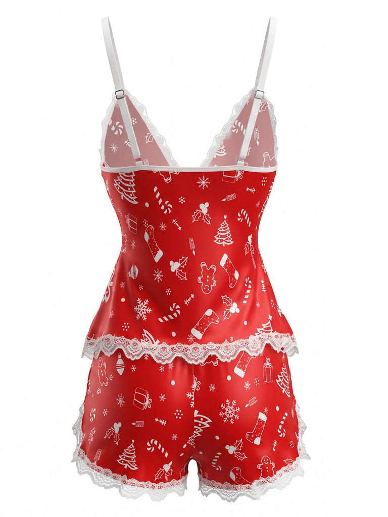 50er Shorty-Pyjama mit Weihnachts-Print, Spaghettiträgern und Spitzenbesatz