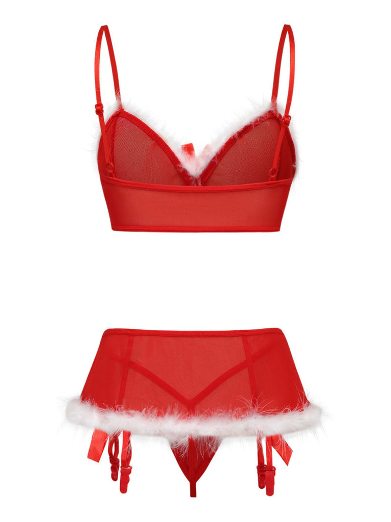 Rotes 60er Weihnachts-Dessous-Set mit Kunstfellbesatz und Schleifen