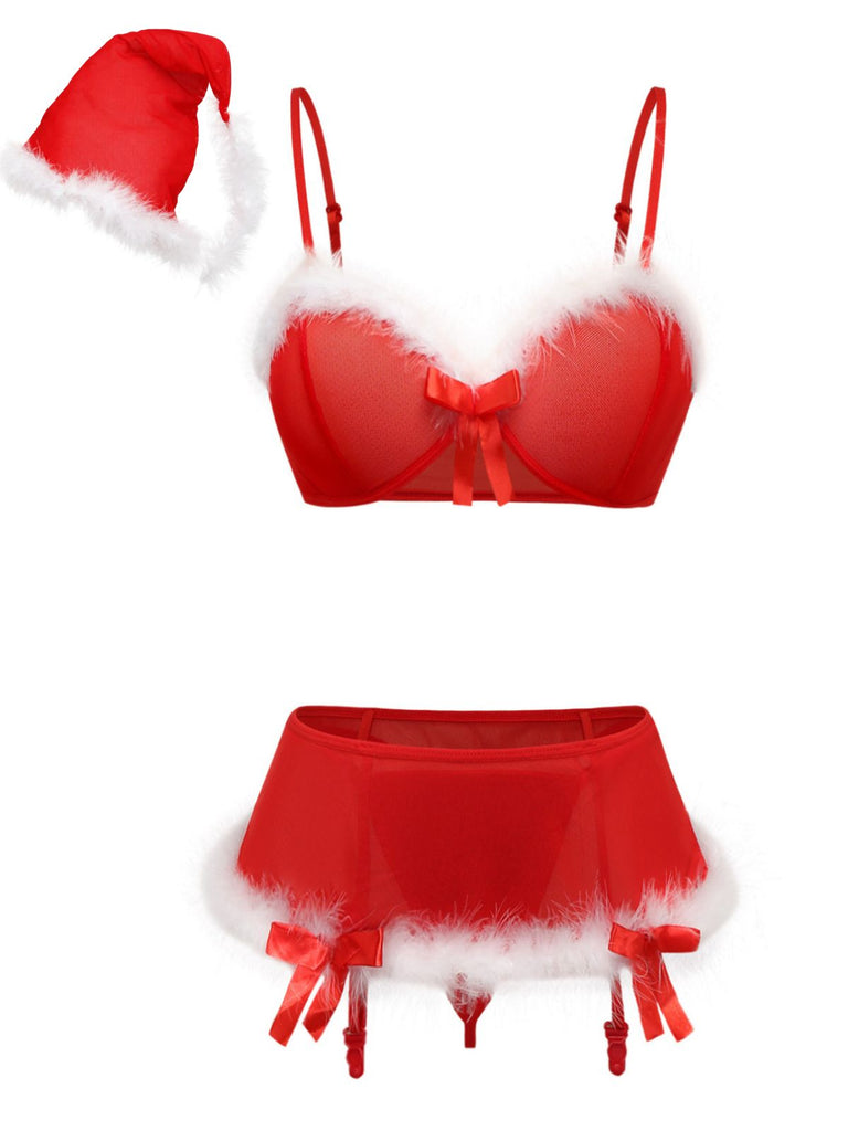 Rotes 60er Weihnachts-Dessous-Set mit Kunstfellbesatz und Schleifen