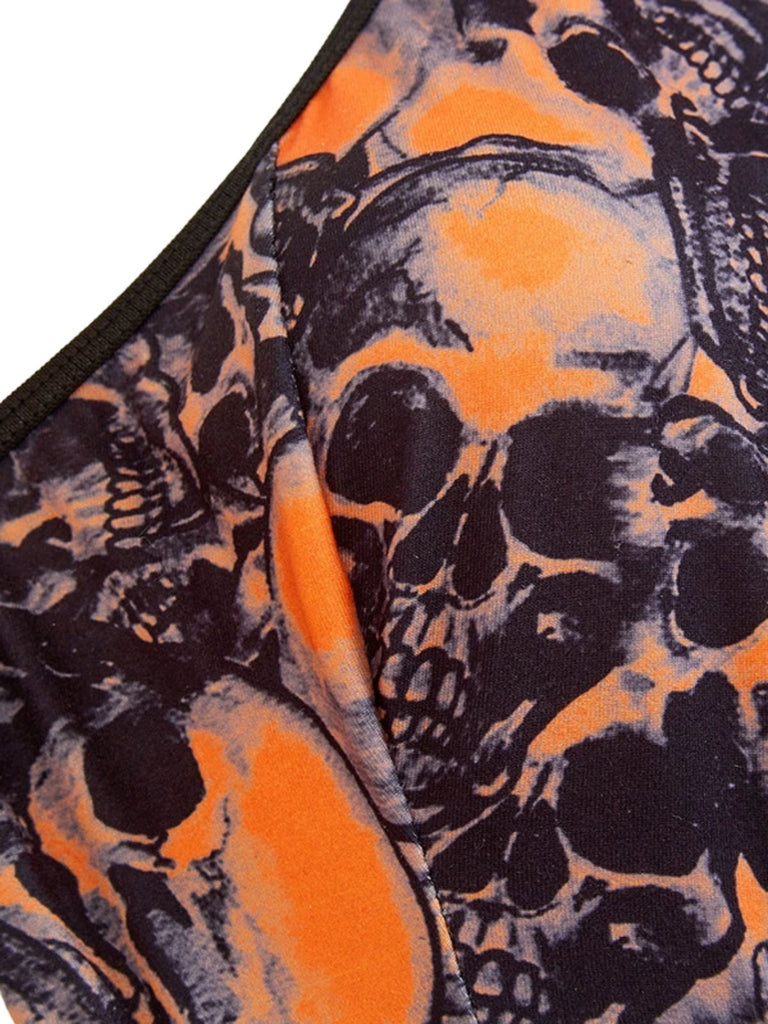 Oranges 50er Halloween Neckholder-Dessous-Set mit Totenkopf und Ketten