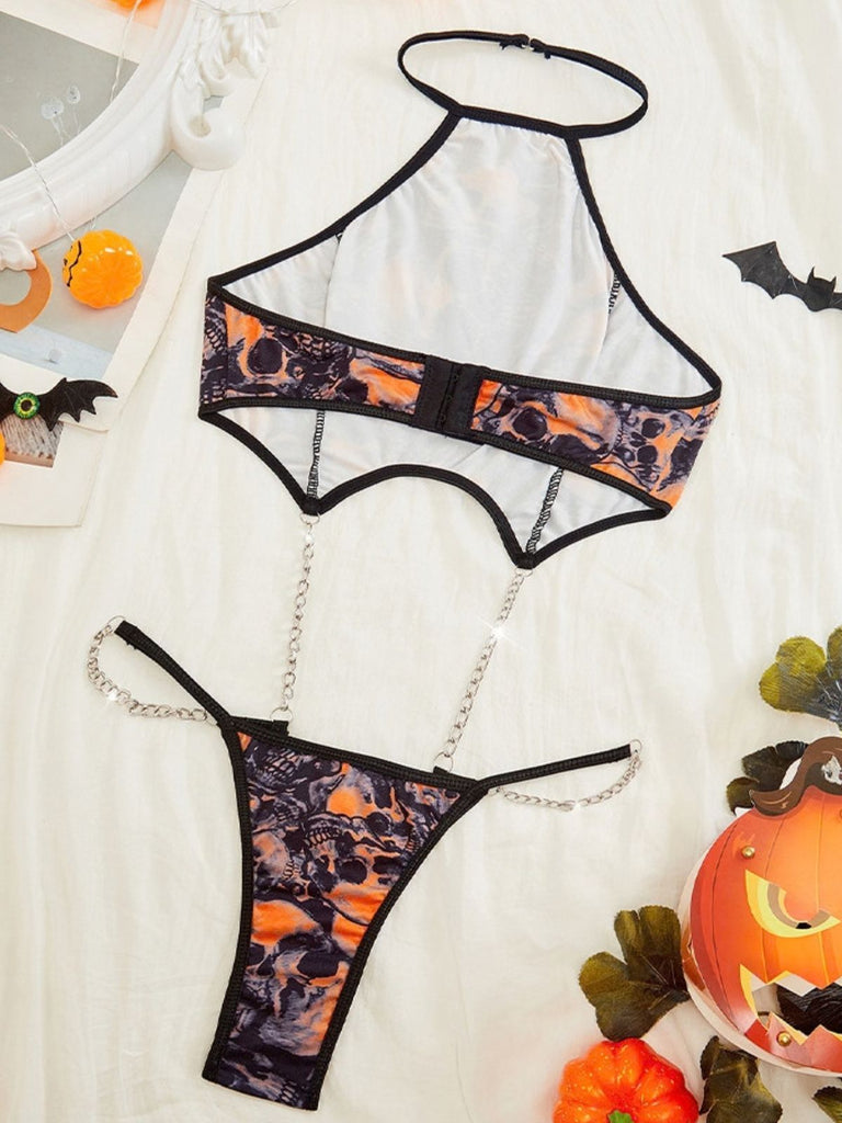 Oranges 50er Halloween Neckholder-Dessous-Set mit Totenkopf und Ketten