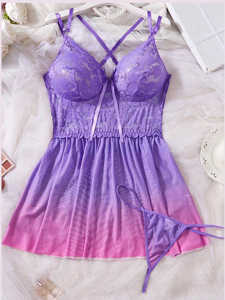 [Übergröße] Lila 40er Ombré-Babydoll aus Mesh mit Spitze im Brustbereich und Schleife
