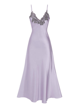 Lila 1930er Bestickt Kunstsatin Riemen Nachthemd