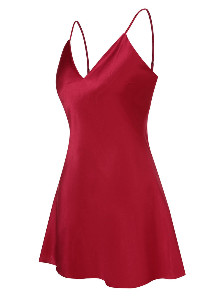 Rot 1950er Solide Satin Spaghetti Träger NightKleid