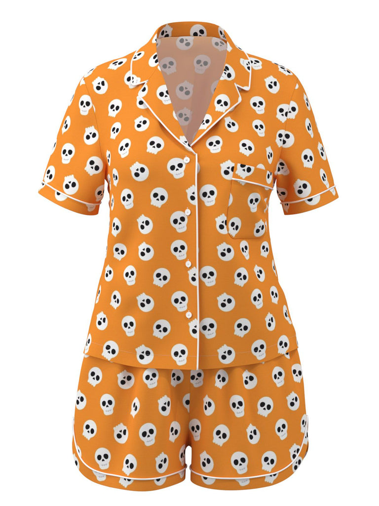 Orange 1970er Halloween Cartoon Skelett Pyjama