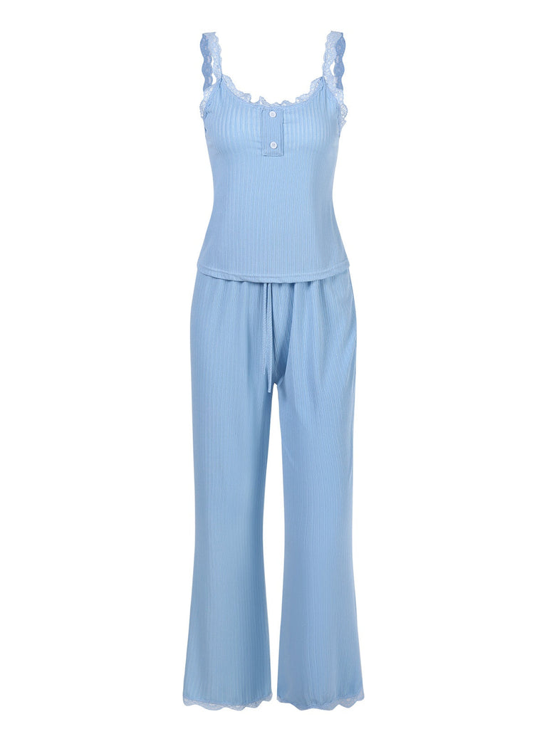 2PCS Blau 1950er Spitze Patchwork Pyjama