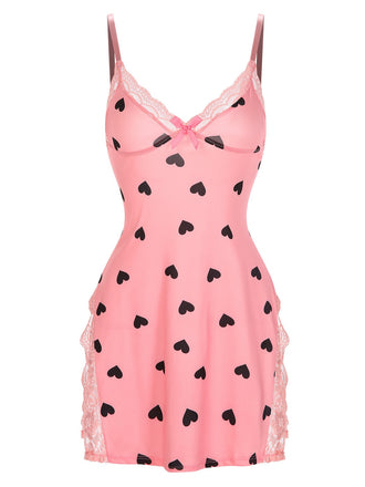 Rosa 1950er Spaghetti Träger Spitze Herzen Nachthemd