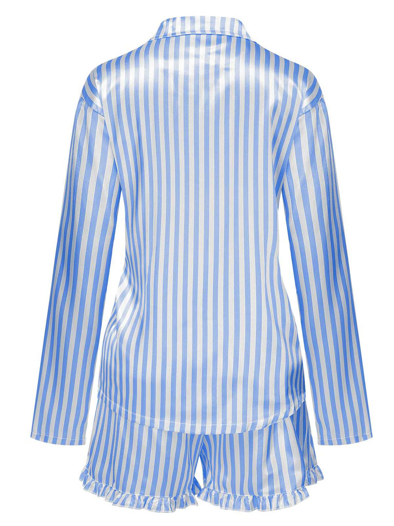 1960er Revers Streifen Satin Pyjama Set