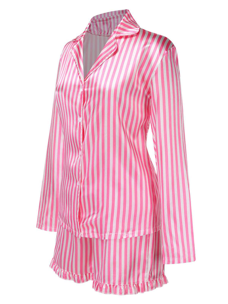 1960er Revers Streifen Satin Pyjama Set