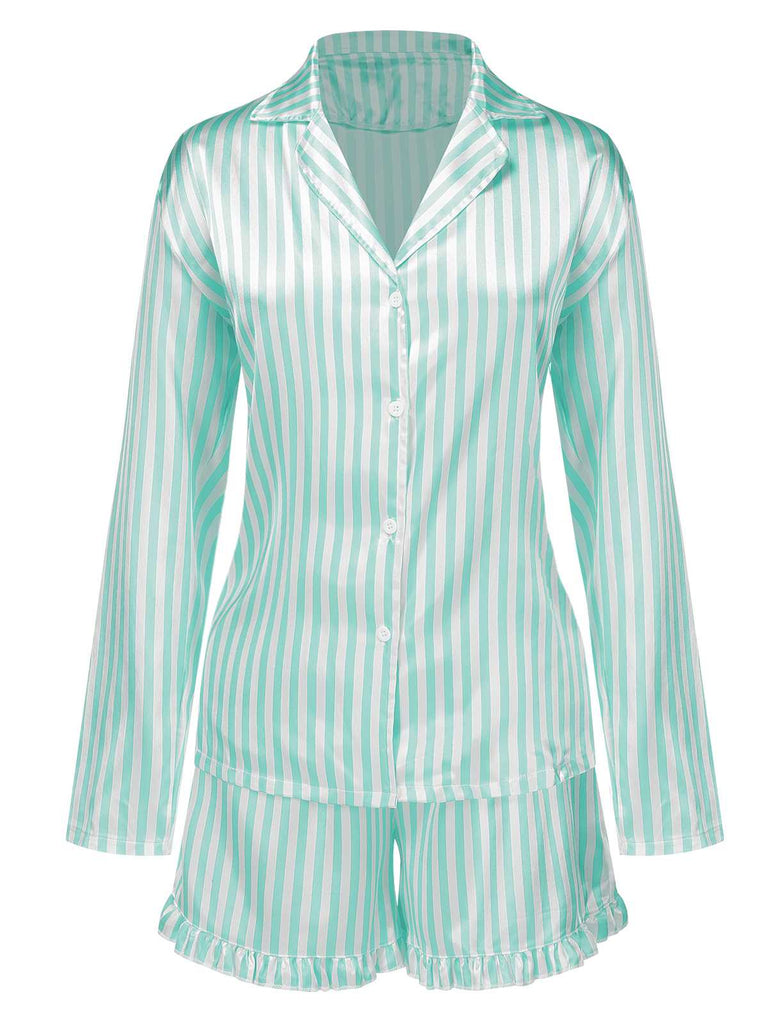 1960er Revers Streifen Satin Pyjama Set