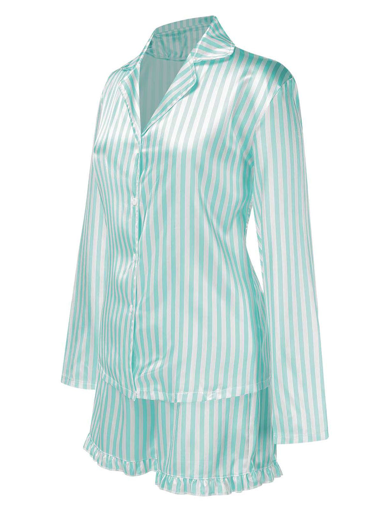 1960er Revers Streifen Satin Pyjama Set