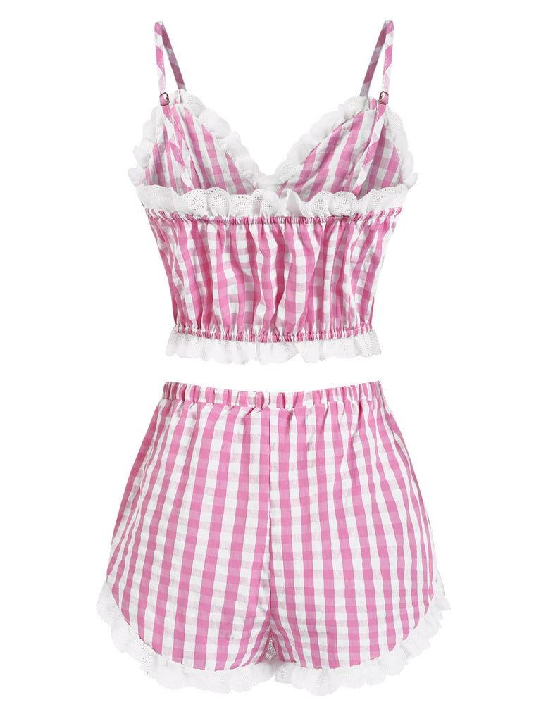 [Vorverkauf] Rosa 1970er Rüschen Spitze Plaid Pajama Set