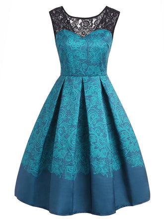 Blau 1950er Spitze Blumen Swing Kleid